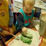 After it cooled, kneading the playdough with extra flour ( to develop the elasticity)